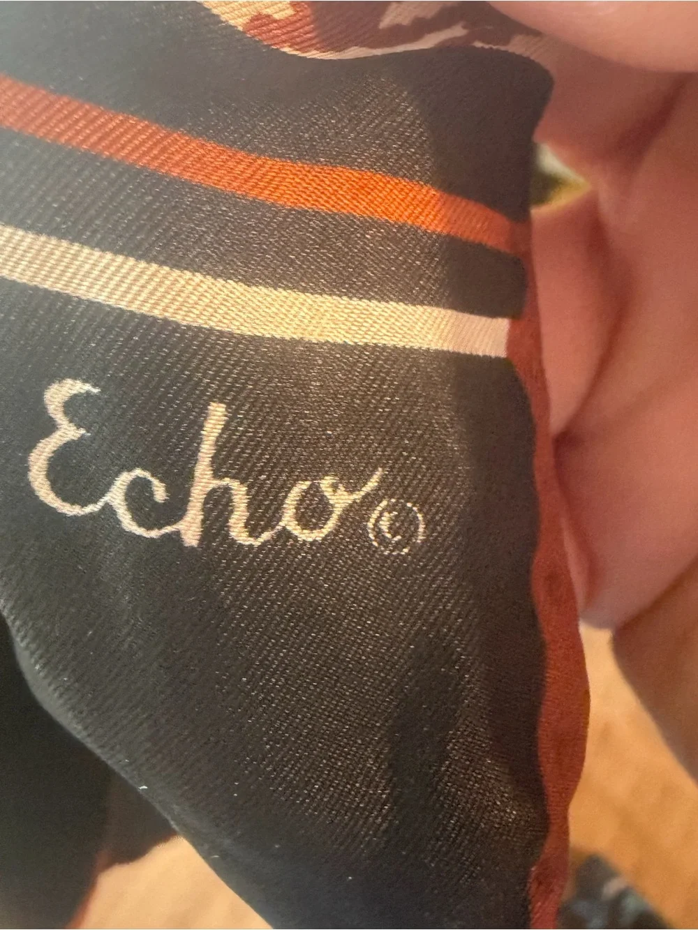 Vintage Echo 100% Silk Houndstooth Striped Long Scarf Brown Black